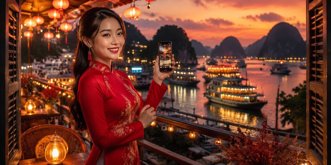 Người phụ nữ mặc áo dài sử dụng mobile casino tại Vịnh Hạ Long